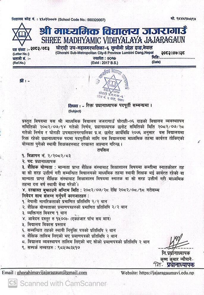 रिक्त प्रधानाध्यापक पदपूर्ती सम्बन्धमा ।